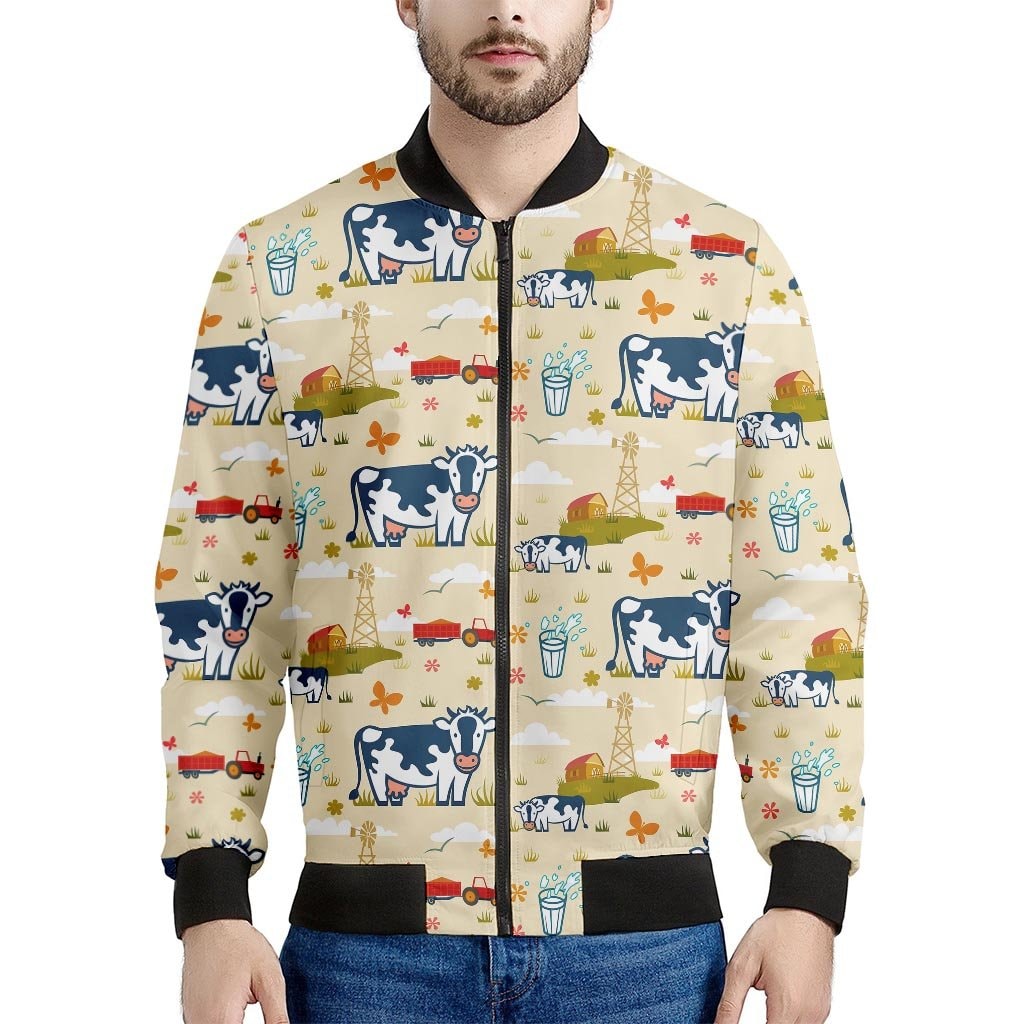 Cartoon Dairy Cow Farm Pattern Print Men's Bomber Jacket