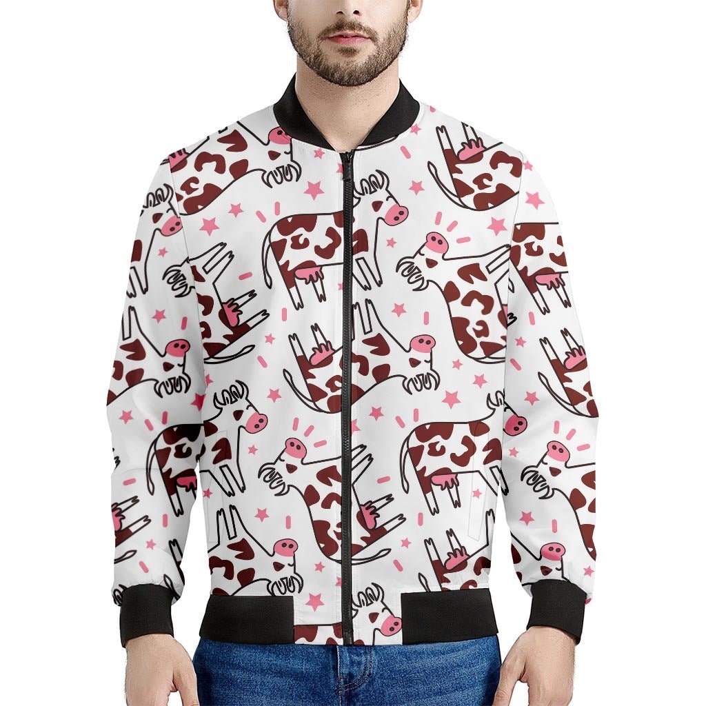 Cartoon Happy Dairy Cow Pattern Print Men's Bomber Jacket